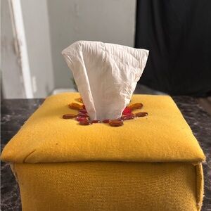 Yellow Tissue Box Cover with Decorative Accents